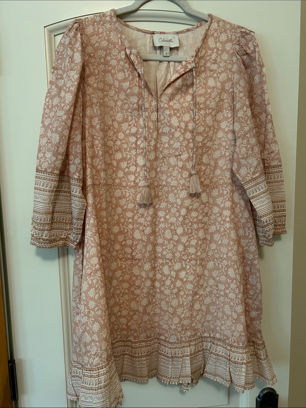 Cleobella Dusty Rose Puff Sleeve Boho Floral Tassel Tunic Dress